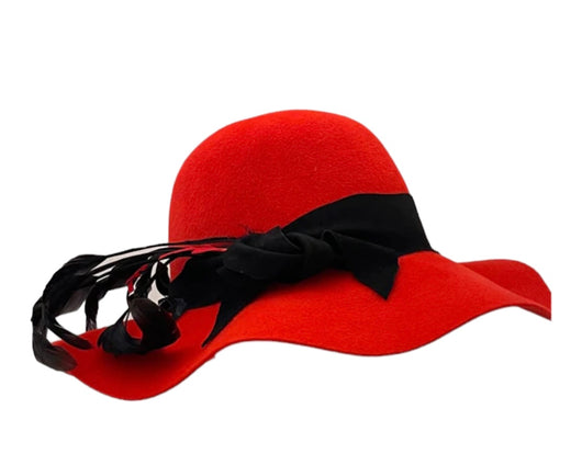 Red Floppy with Black Suede trim and feathers  58.5cm.