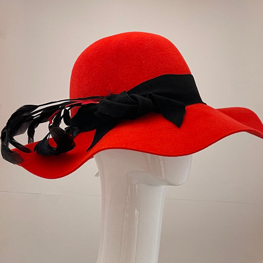 Red Floppy with Black Suede trim and feathers