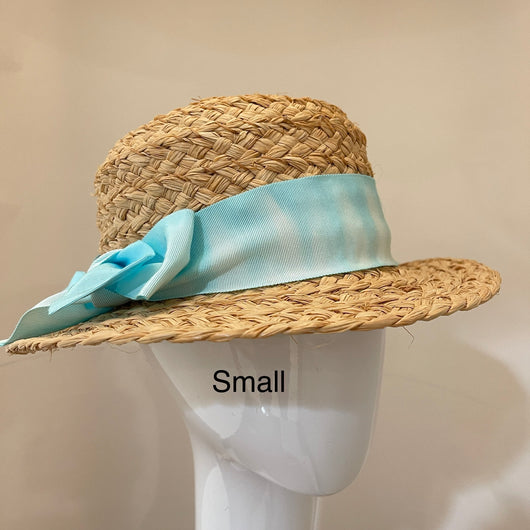 Raffia Sun Hat - turquoise dyed ribbon - small