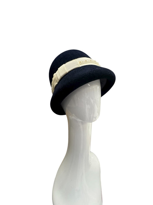 The Perfect Cloche - navy with ivory pearl trim  M-