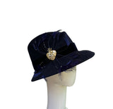 Navy Grace with sequined feather cluster. 58cm