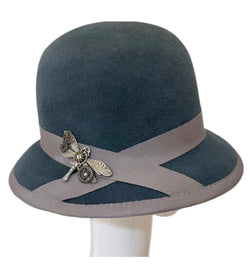 Spectacular dusty blue cloche with a ‘Dragonfly’ trimmed ribbon -Med.