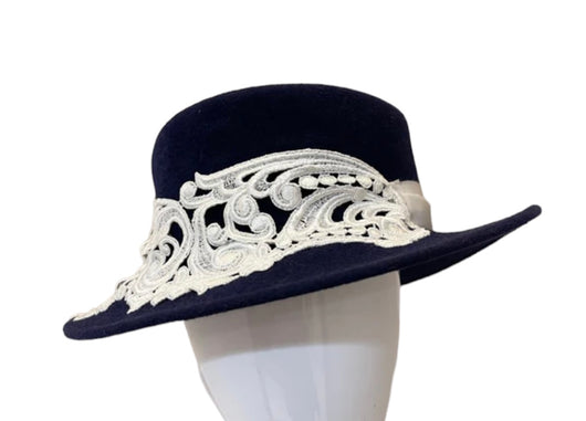 Navy Boater with Ivory lace trim and turned up brim med/large.