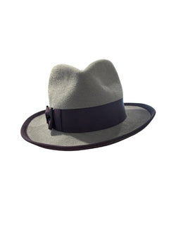 Grey Fedora with eggplant ribbon and  trim