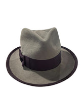 Grey Fedora with eggplant ribbon and  trim