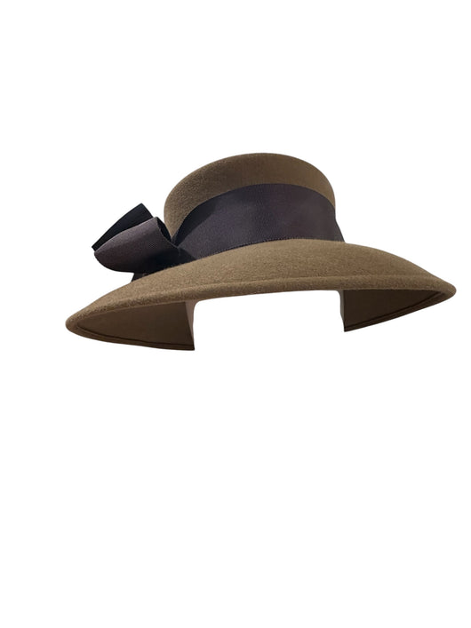 Taupe widebrim cloche with a steel gray ribbon