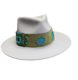 Light grey Fedora with Hand beaded trim. 57.