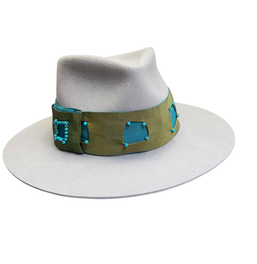 Light grey Fedora with Hand beaded trim. 57.
