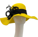 Yellow 'Madeline' Floppy with black ribbon and feathers 59.5cm.