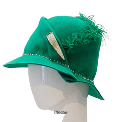 Kelly Green Vintage Cloche - Antique pin with crystals- Medium.