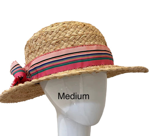 Raffia Sun Hat - pink striped  ribbon - medium