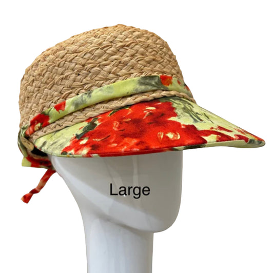 Raffia Sport hat  - Lime green and red garden - large