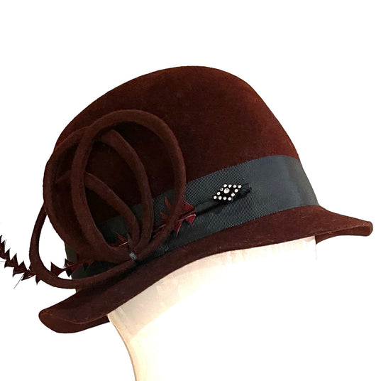 Burgundy Cloche with a feather bouquet - small/medium.