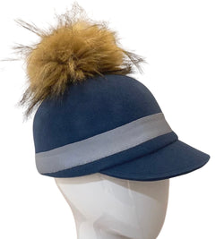 Blue felt velour  equestrian cap with a large faux fur Pom- small.