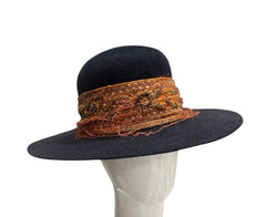 Navy Brimmed hat with Beaded trim - 56.5cm-