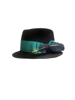 Beaver Black fedora with teal ribbon - L