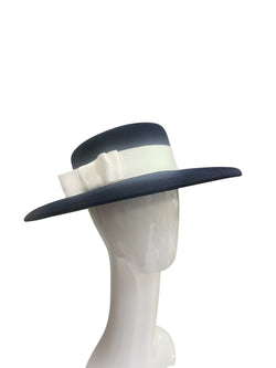 Navy Boater with white ribbon. 56cm