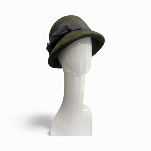 The Perfect Cloche - Forest Green with navy ribbon  M-