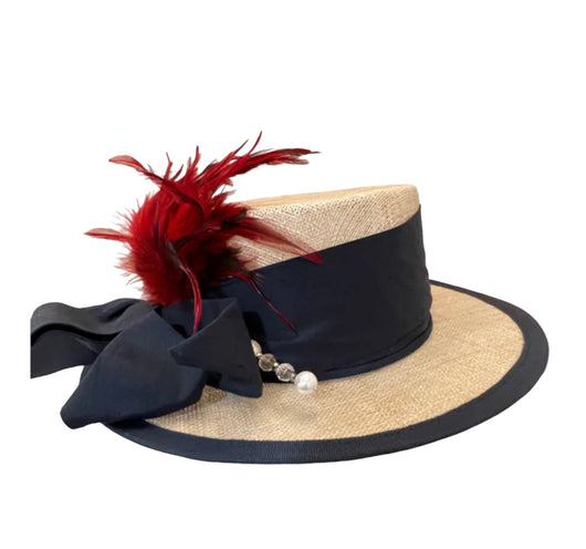 Straw Boater with Navy Trim and red feathersquintessential favorite