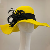 Yellow 'Madeline' Floppy with black ribbon and feathers