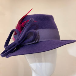 Purple Fedora with pink feathers