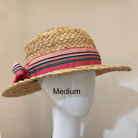 Raffia Sun Hat - pink striped  ribbon - medium