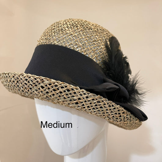 Sea Grass cloche with black silk and feathers- medium