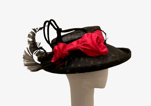 Derby Hat -Black polka dot sinamay with pink silk