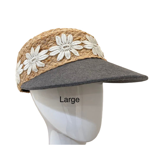 Raffia Sport hat -grey brim with daisies - large