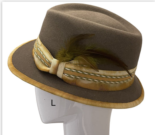 One of a kind! Taupe jazz Trilby with hand dyed trim - L