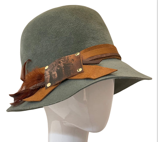 Soft sage cloche with suede and leather cowboy  trim-Med.