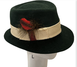 One of a kind! Hunter green jazz trilby hat with light yellow trim - L