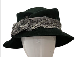 One of a kind! Hunter green  vintage shaped cloche with silver/grey lace trim - L